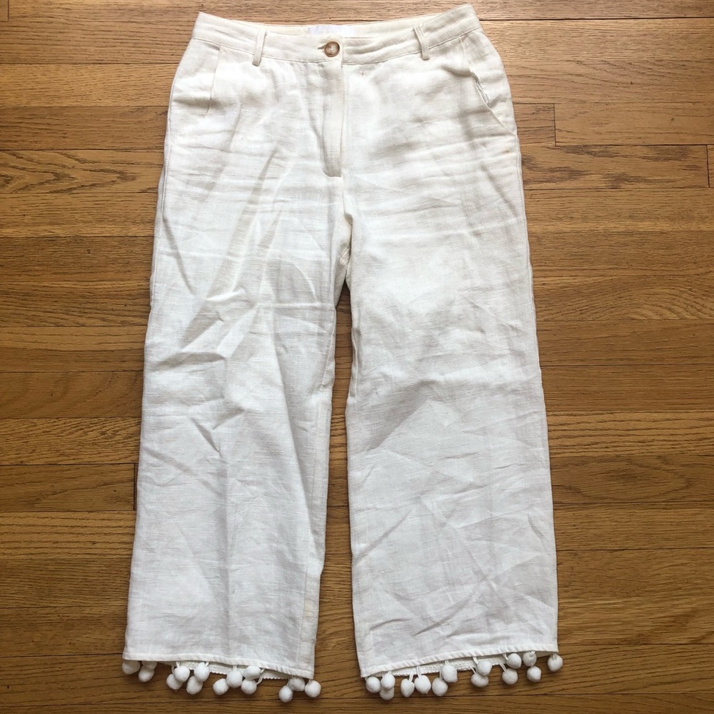 Anthropologie Linen Pom Pom Pants